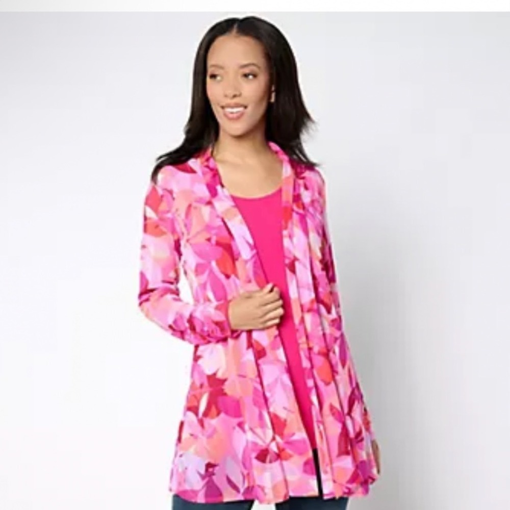 Susan Graver Petite Mesh‎ Cardigan Liquid Knit Tank Set Abstract Pink SM Petite